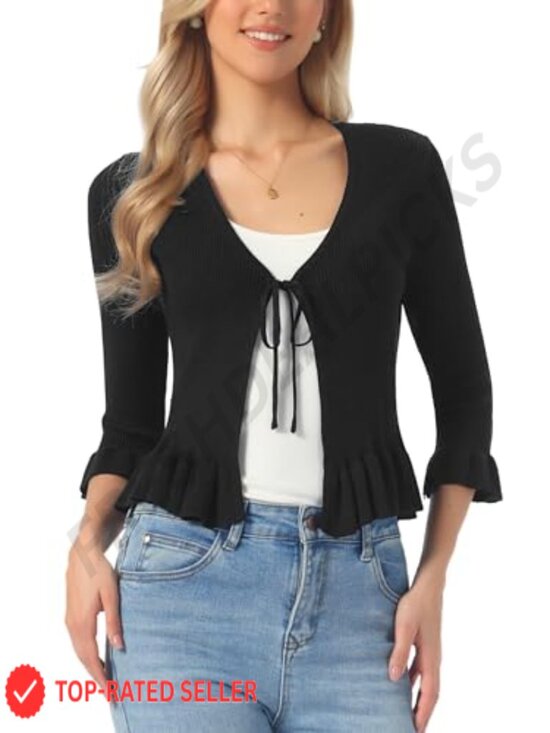 Sweaters - Womens Tie Front Shrug Ruffled Long Sleeve Rib Knit Open Front Crop Cardigan